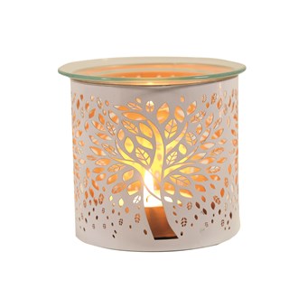 Tealight Wax Melter & Candle Holder - White Silhouette Tree of Life 10.5cm